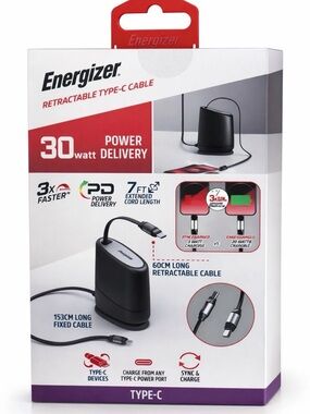 Energizer 30W Retractable Type-C Cable - Black
